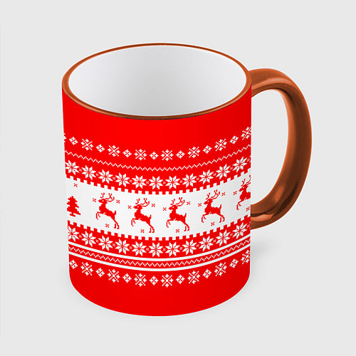 Кружка цветная КРАСНО-БЕЛЫЙ СВИТЕР С ОЛЕНЯМИ / 3D-Оранжевый кант – фото 1