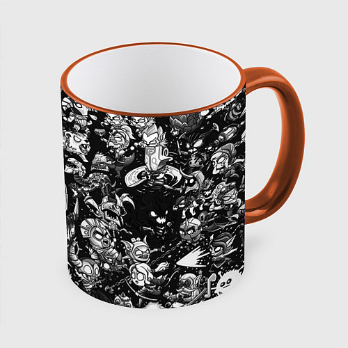Кружка цветная DOTA 2 ВСЕ ПЕРСОНАЖИ ЧЁРНО БЕЛЫЙ / 3D-Оранжевый кант – фото 1