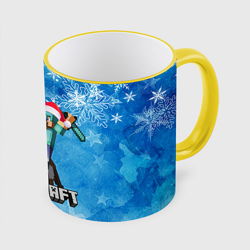 Кружка цветная НОВЫЙ ГОД В МАЙНКРАФТ, СНЕЖИНКИ, 2022 / 3D-Желтый кант – фото 1