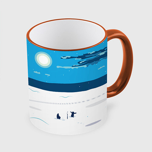 Кружка цветная Зимняя рыбалка на озере / 3D-Оранжевый кант – фото 1