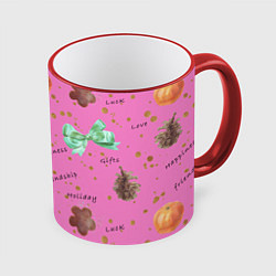 Кружка 3D Розовый принт к любому зимнему празднику, с позити, цвет: 3D-красный кант