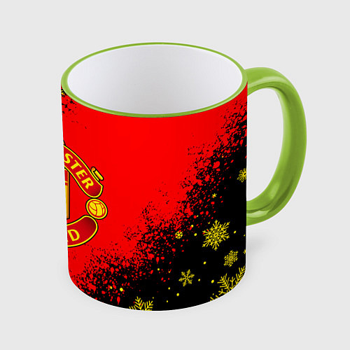 Кружка цветная НОВОГОДНИЙ МАНЧЕСТЕР ЮНАЙТЕД ЧЁРНО ЗОЛОТОЙ / 3D-Светло-зеленый кант – фото 1