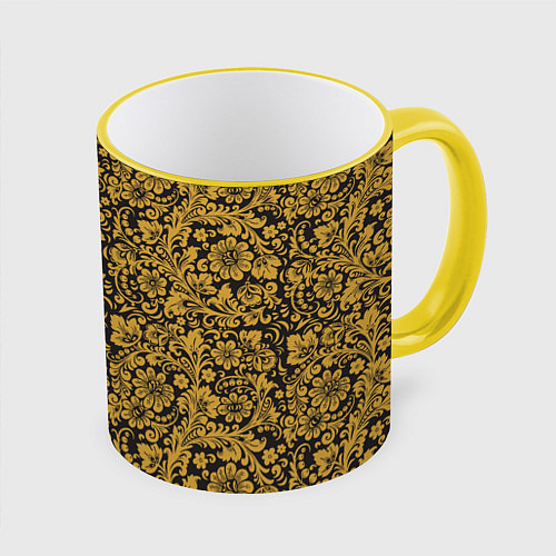 Кружка цветная Золотые Цветы хохлома / 3D-Желтый кант – фото 1