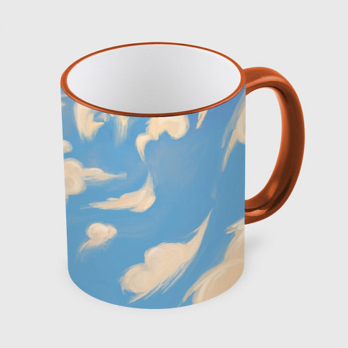 Кружка цветная Рисунок голубого неба с облаками маслом / 3D-Оранжевый кант – фото 1