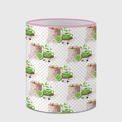 Кружка цветная Зеленый чай паттерн / 3D-Розовый кант – фото 2