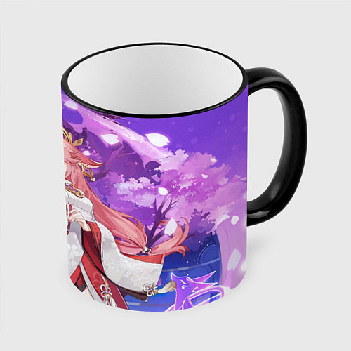 Кружка цветная Yae Miko Genshin Impact / 3D-Черный кант – фото 1