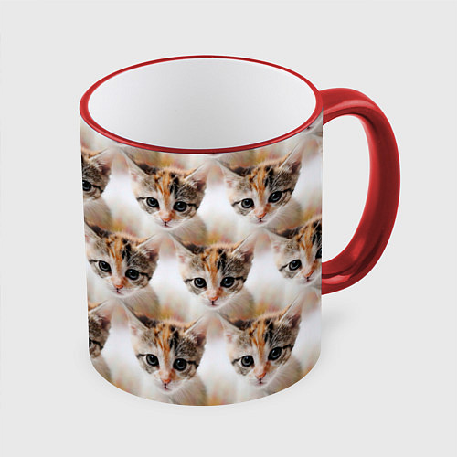 Кружка цветная Маленький котенок паттерн / 3D-Красный кант – фото 1