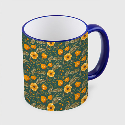 Кружка цветная Желтые цветочки и листья / 3D-Синий кант – фото 1