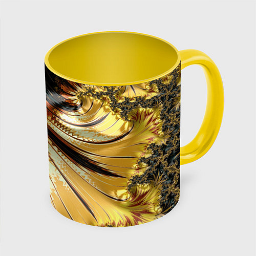 Кружка цветная Черный с золотым фрактал Абстракция / 3D-Белый + желтый – фото 1