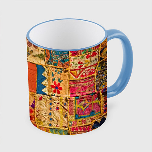Кружка цветная Пэчворк Лоскутное одеяло Patchwork Quilt / 3D-Небесно-голубой кант – фото 1