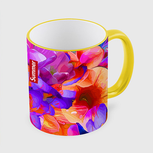 Кружка цветная Красочный цветочный паттерн Лето Colorful Floral P / 3D-Желтый кант – фото 1