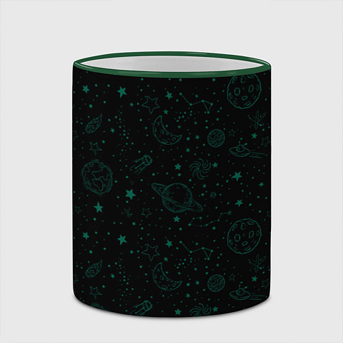 Кружка цветная Черный паттерн космические объекты / 3D-Зеленый кант – фото 2