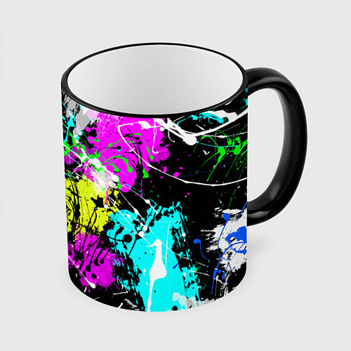 Кружка цветная Разноцветные пятна краски на черном фоне / 3D-Черный кант – фото 1