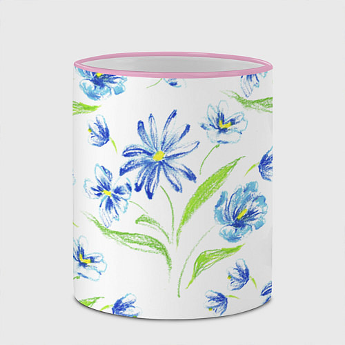 Кружка цветная Цветы Синие Нарисованные Карандашами / 3D-Розовый кант – фото 2