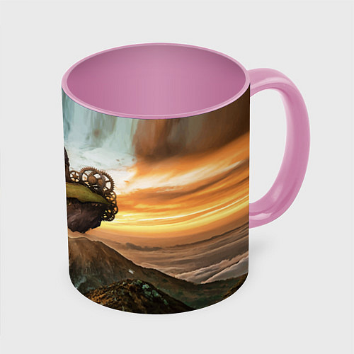 Кружка цветная Горный пейзаж в стиле Стимпанк / 3D-Белый + розовый – фото 1