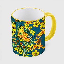 Кружка 3D Хохломская Роспись Две Птицы, цвет: 3D-желтый кант