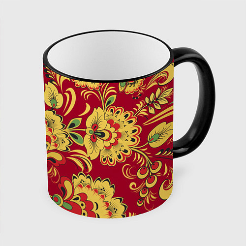 Кружка цветная Хохломская Роспись Цветы На красном Фоне / 3D-Черный кант – фото 1