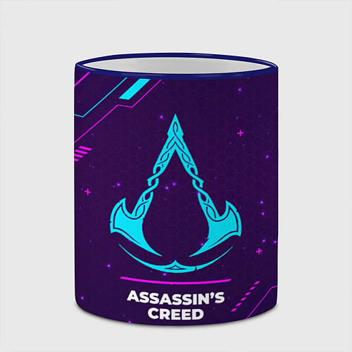 Кружка цветная Символ Assassins Creed в неоновых цветах на темном / 3D-Синий кант – фото 2