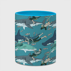 Кружка 3D Ныряльщики и акулы - паттерн, цвет: 3D-белый + небесно-голубой — фото 2