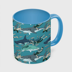 Кружка 3D Ныряльщики и акулы - паттерн, цвет: 3D-белый + небесно-голубой