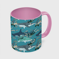 Кружка 3D Ныряльщики и акулы - паттерн, цвет: 3D-белый + розовый