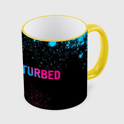 Кружка цветная Disturbed - neon gradient: надпись и символ / 3D-Желтый кант – фото 1