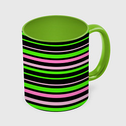 Кружка цветная Полосаты узор в зелено-розовых оттенках на черном
