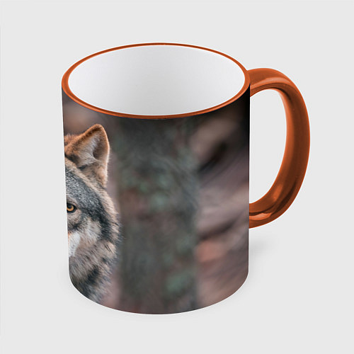 Кружка цветная Волк с грустными глазами / 3D-Оранжевый кант – фото 1