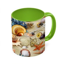 Кружка 3D Морские раковины, кораллы, морские звёзды на песке, цвет: 3D-белый + светло-зеленый
