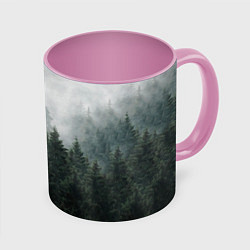 Кружка 3D Туманный хвойный лес, цвет: 3D-белый + розовый
