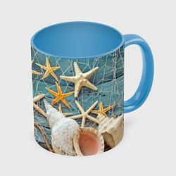 Кружка 3D Натюрморт из сети, морских звёзд и ракушек - лето, цвет: 3D-белый + небесно-голубой