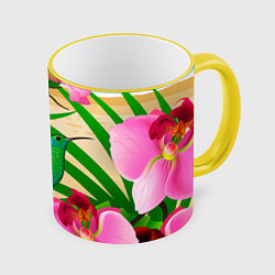 Кружка цветная Колибри и орхидеи