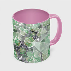 Кружка 3D Зеленые цветы на сером мраморном фоне, цвет: 3D-белый + розовый