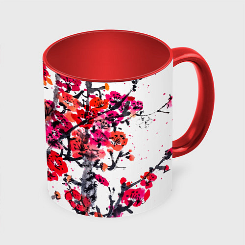 Кружка цветная Живописная ветка сакуры / 3D-Белый + красный – фото 1