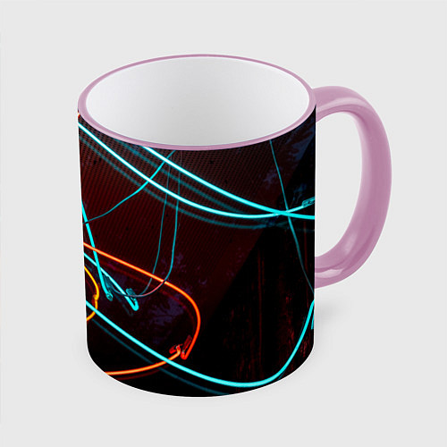 Кружка цветная Неоновые лучи на тёмной поверхности / 3D-Розовый кант – фото 1