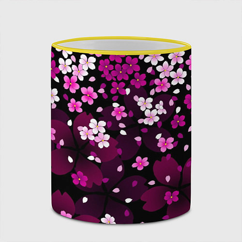 Кружка цветная Маленькие розовые цветочки / 3D-Желтый кант – фото 2