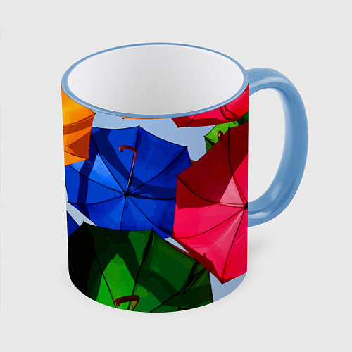 Кружка цветная Разноцветные зонтики / 3D-Небесно-голубой кант – фото 1