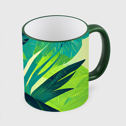 Кружка цветная Яркие тропические листья пальмы / 3D-Зеленый кант – фото 1