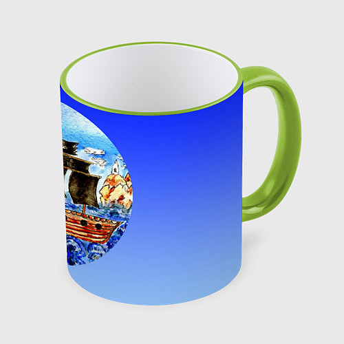 Кружка цветная Рисунок пиратского корабля / 3D-Светло-зеленый кант – фото 1