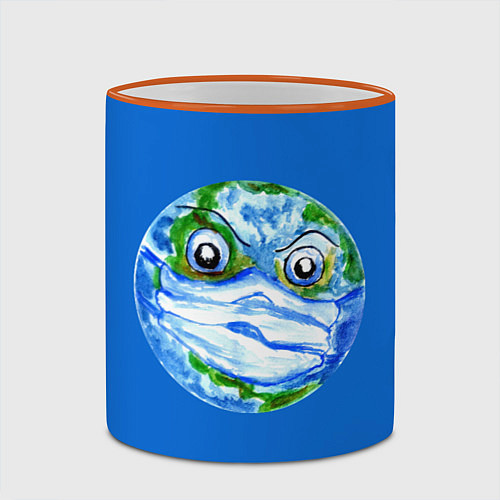Кружка цветная Злая планета Земля в маске / 3D-Оранжевый кант – фото 2