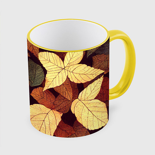 Кружка цветная Листья осени узор / 3D-Желтый кант – фото 1