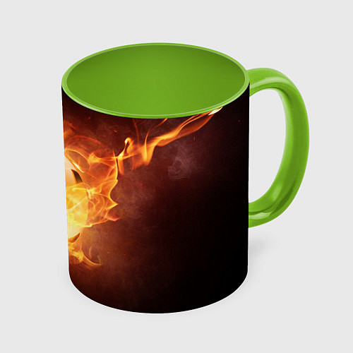 Кружка цветная Футбольный мяч огонь / 3D-Белый + светло-зеленый – фото 1