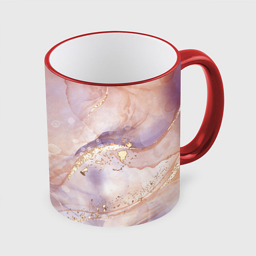 Кружка цветная Бежевый с золотом мрамор / 3D-Красный кант – фото 1
