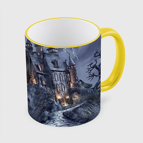 Кружка цветная Старый заброшенный замок - Halloween / 3D-Желтый кант – фото 1