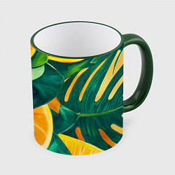 Кружка 3D Листья монстеры и дольки апельсинов, цвет: 3D-зеленый кант