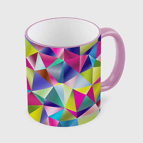 Кружка цветная Радужные трехмерные треугольники / 3D-Розовый кант – фото 1