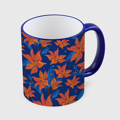Кружка цветная Осенние абстрактные цветы / 3D-Синий кант – фото 1