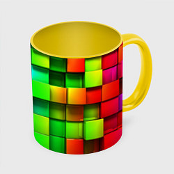 Кружка 3D Цветные неоновые кубы, цвет: 3D-белый + желтый