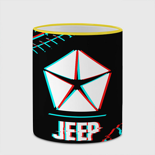 Кружка цветная Значок Jeep в стиле glitch на темном фоне / 3D-Желтый кант – фото 2