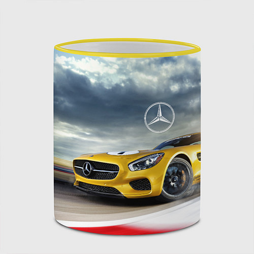 Кружка цветная Mercedes AMG V8 Biturbo на трассе / 3D-Желтый кант – фото 2